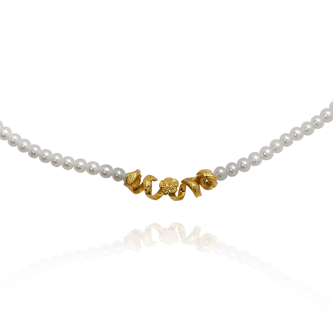 Marilisi artisan fine jewelry White Pearl Yellow Necklace with floral design Mille Fleurs close up