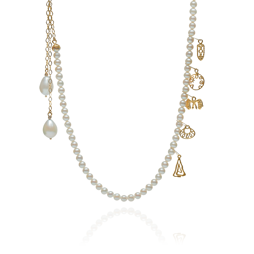 Marilisi artisan fine jewelry White Pearl Yellow Gold Charms Necklace front
