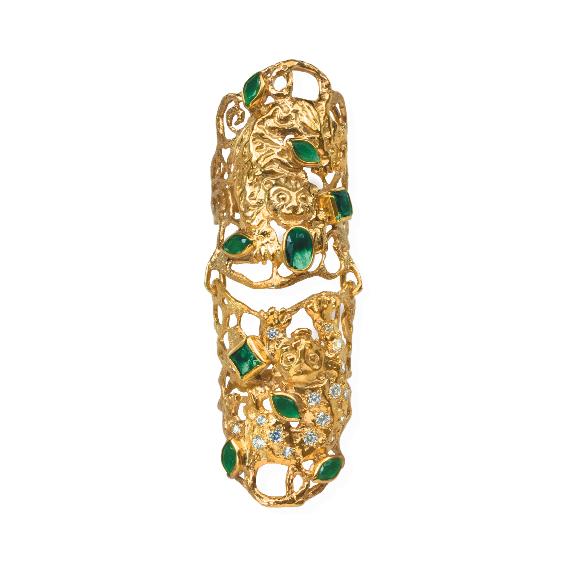 Marilisi handcrafted artisan gold emerald diamond armor ring fine jewelry luxury features tiger and leopard above