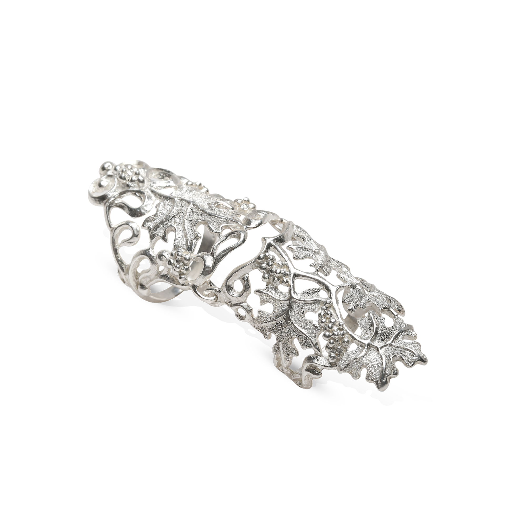 Silver armor ring with intricate design on a white background