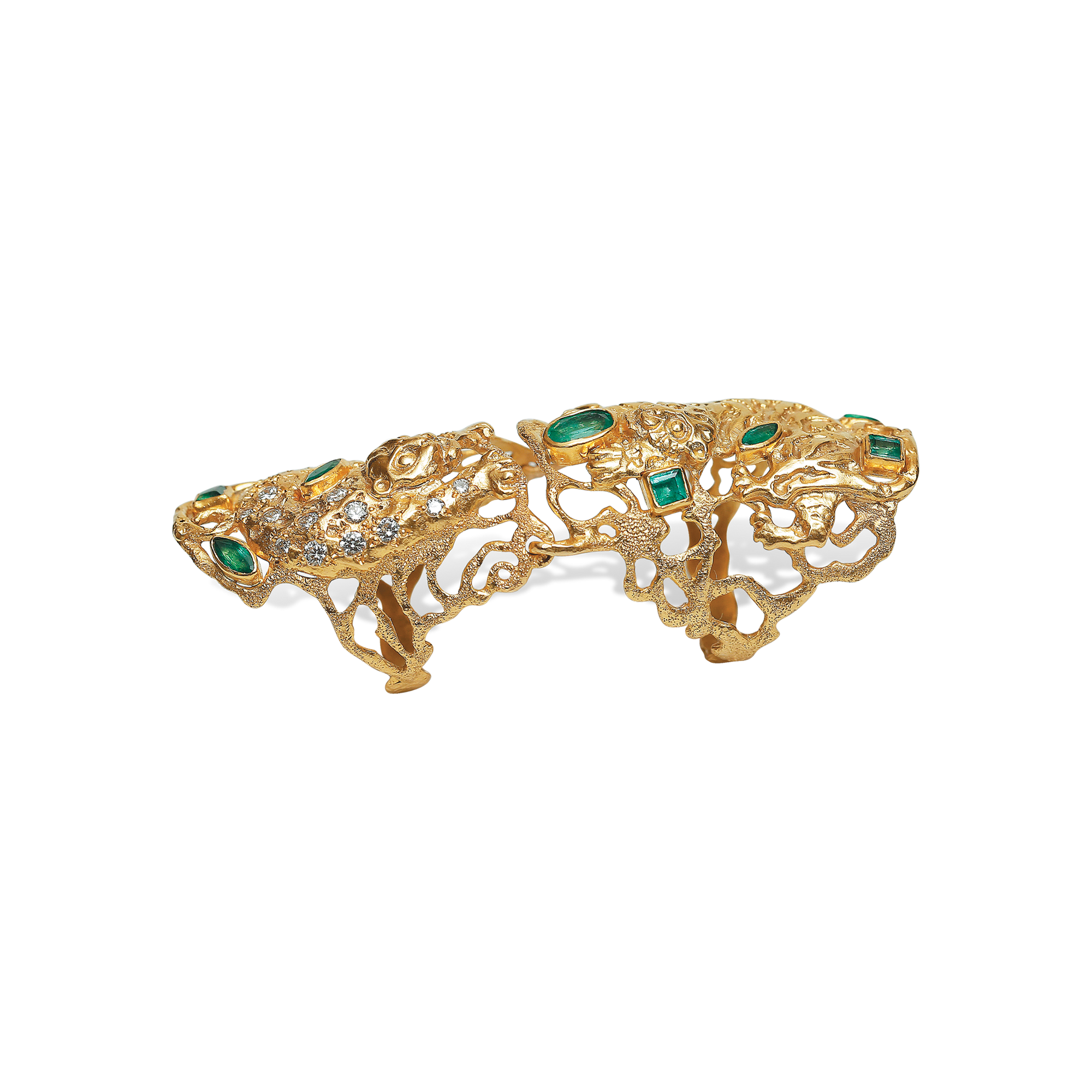Marilisi handcrafted artisan gold emerald diamond armor ring fine jewelry luxury features tiger and leopard for jewelry collectors