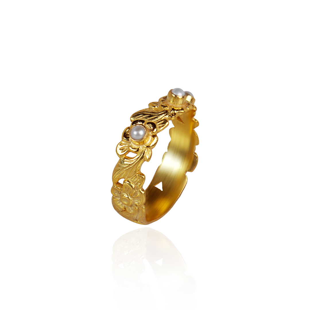 Yellow gold ring with intricate floral design and white pearls, side view of Mille Fleurs collection by Marilisi Jewelry House